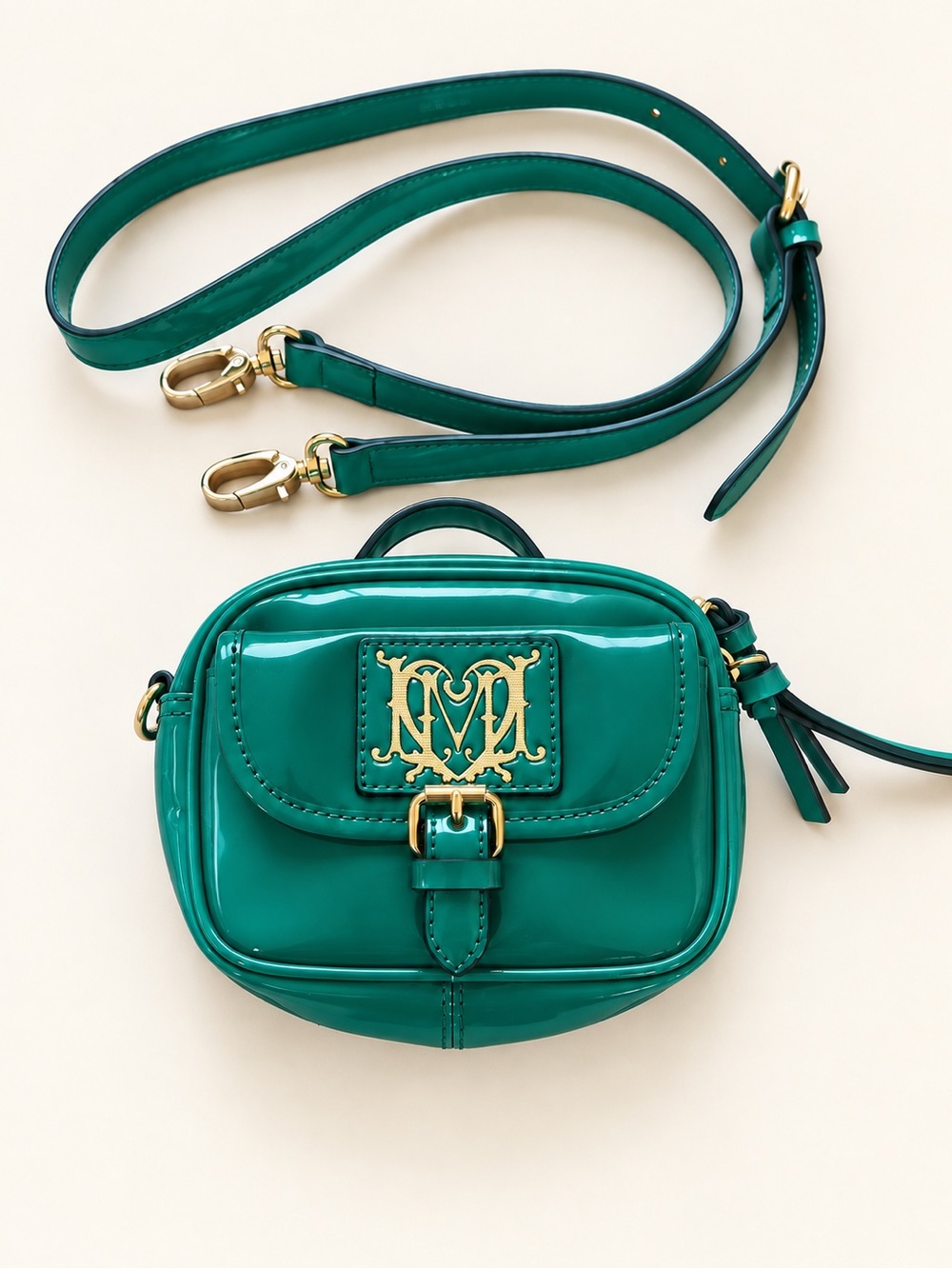 Love Moschino Patent Leather Mini Camera Crossbody Bag Teal Turquoise